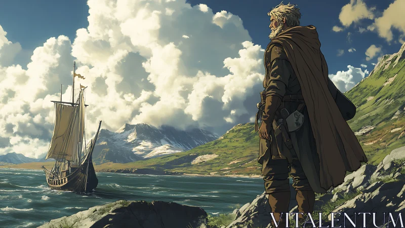 Weathered adventurer watches a lone ship under vast clouds.