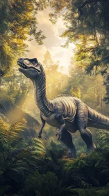 Theropod dinosaur in sunlit Cretaceous rainforest clearing