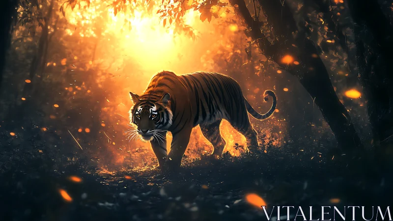 Tiger crossing ember-lit forest floor in cinematic dusk glow.