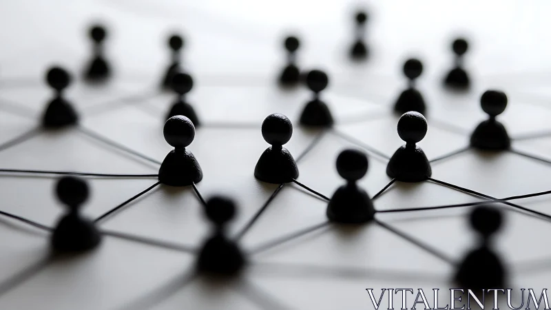 Abstract network of black figurines on connected grid surface