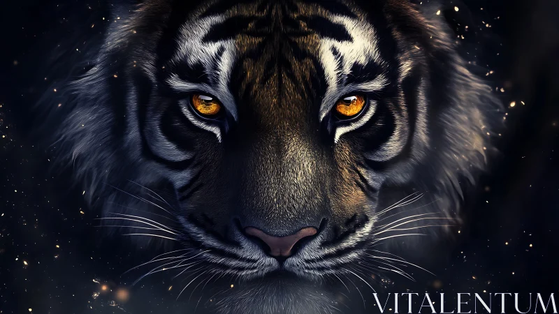 Digital tiger portrait with luminous amber eyes at night.