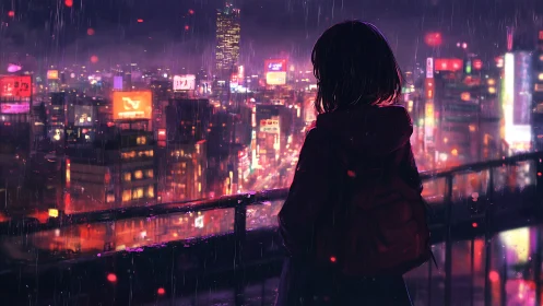 Silhouetted girl observes neon city skyline in heavy rain