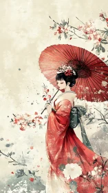 Ink-washed geisha illustration with parasol and sakura motifs.