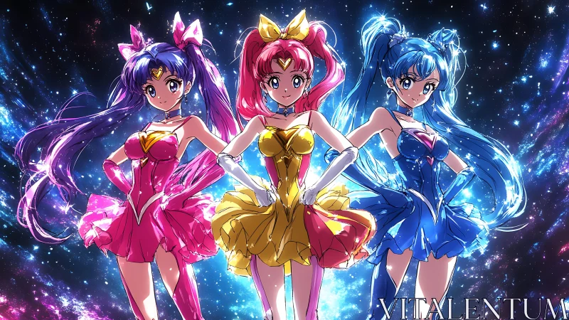 Starlit trio of cosmic magical girls in neon battle poise.