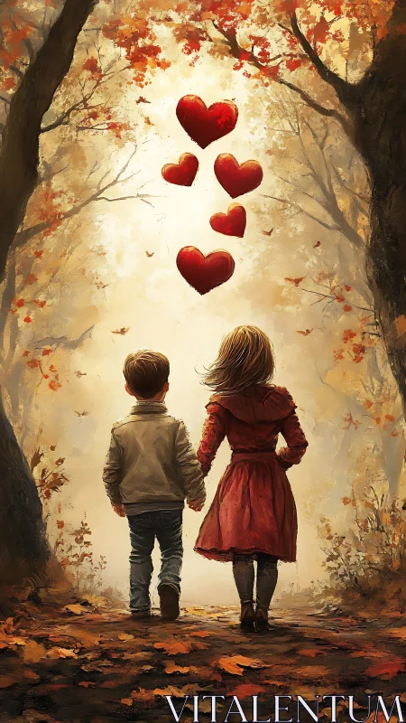 Two Children Hold Hands Under Floating Red Hearts in Enchanted Autumn Forest