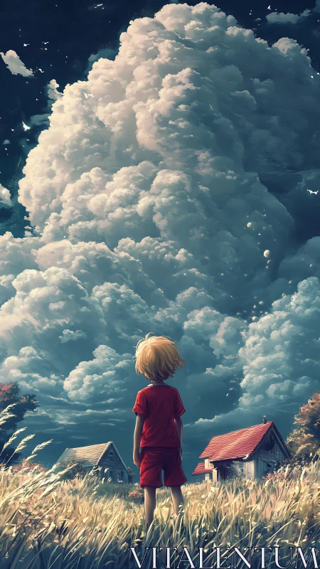 Small dreamer in red quietly watches towering summer clouds