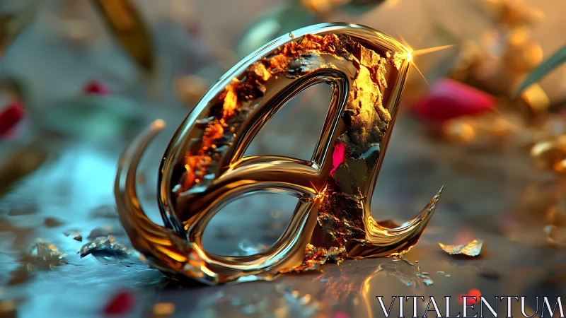 Golden molten letter A rests on reflective surface in bokeh glow