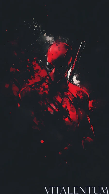 Red masked antihero in dark splattered digital portrait.