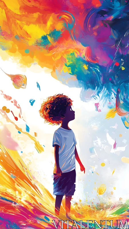 Child gazing into swirling rainbow dreamscape of color.