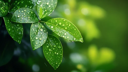 Rain-kissed green leaves glow softly in lush natural light