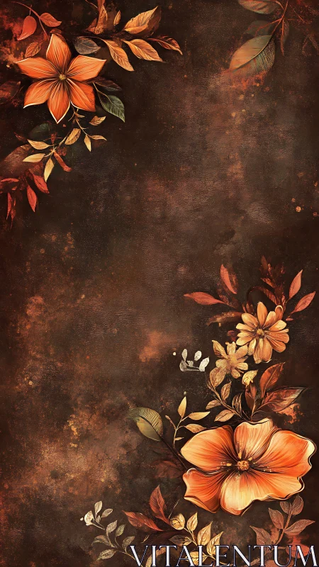 Botanical study: golden flowers against weathered rust textures.