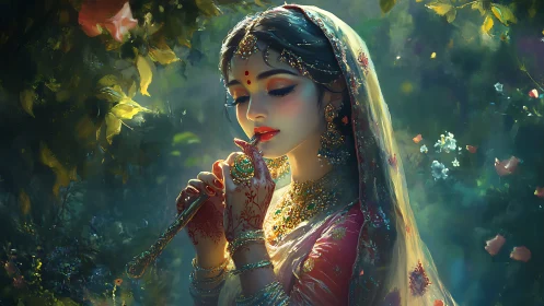 Portrait of veiled woman with flute in dense garden setting.