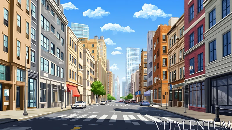 Sunlit urban street rendered in clean linear perspective