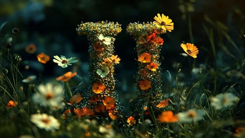 Floral numeral II sculpture in sunlit meadow with orange daisies