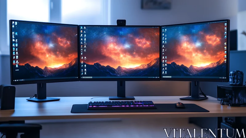 Triple curved monitor workstation with RGB keyboard in low-key lighting