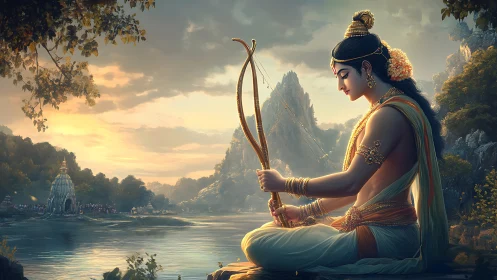 Seated archer figure by riverside in mythic landscape at dusk.