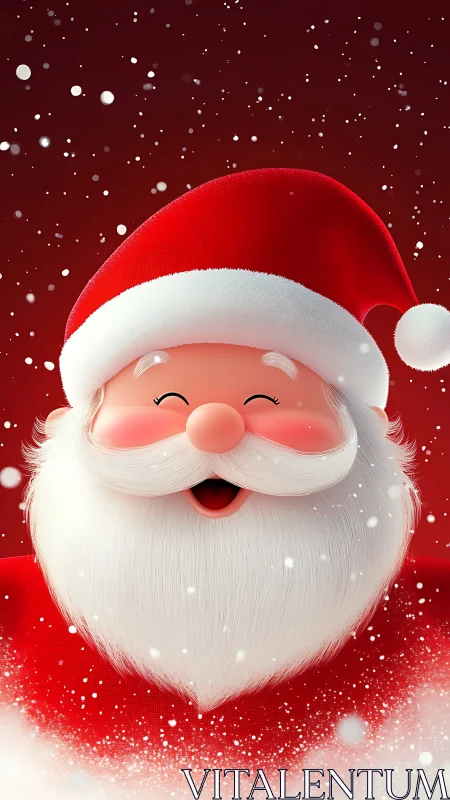 Joyful cartoon Santa smiles warmly in softly falling snow