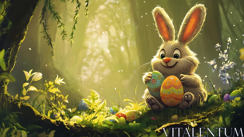 Cartoon rabbit holds patterned eggs in a sunlit forest clearing