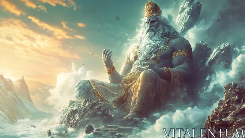 Colossal bearded deity sits on rocky throne amid clouds