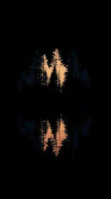 Golden Trees Mirrored by Water in Dark Forest Night