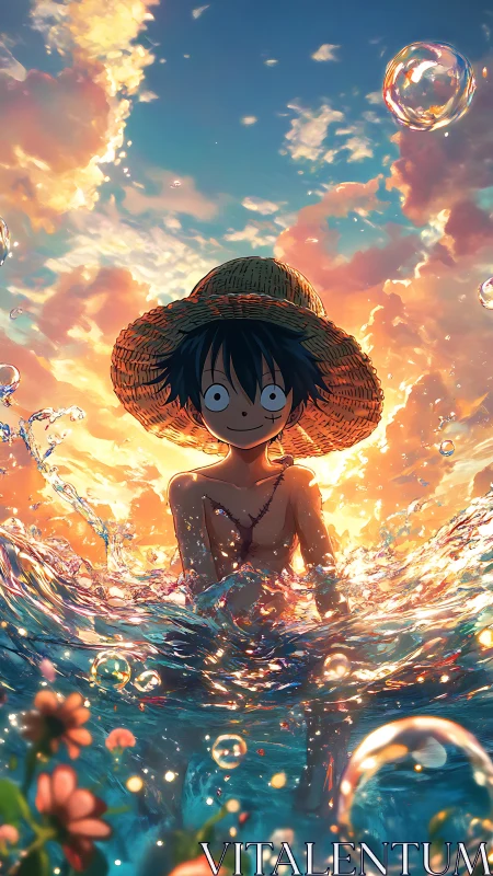 Straw hat boy stands in glowing sunset surf with bubbles