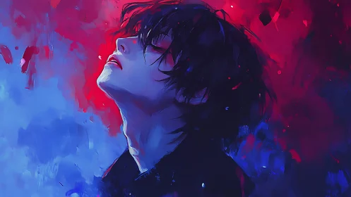 Dreamer in crimson and cobalt light, lost in feeling.