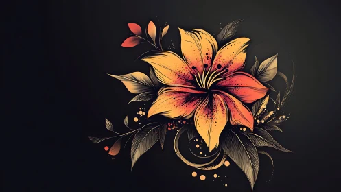 Golden Lily with Sunset Petals on Dark Background.