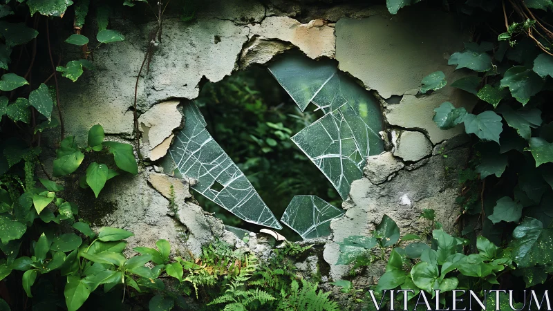 Broken wall opening with foliage and fractured glass panel.