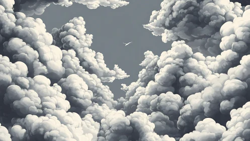 Solitary bird crossing dense layered storm clouds.