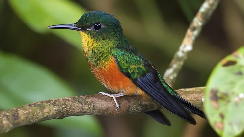 Vibrant hummingbird perched on branch in lush natural setting.