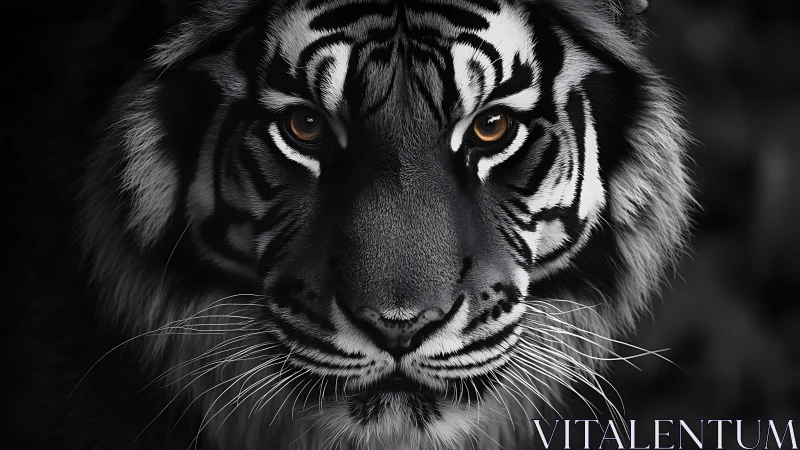Intense tiger portrait in monochrome with amber eyes shining.