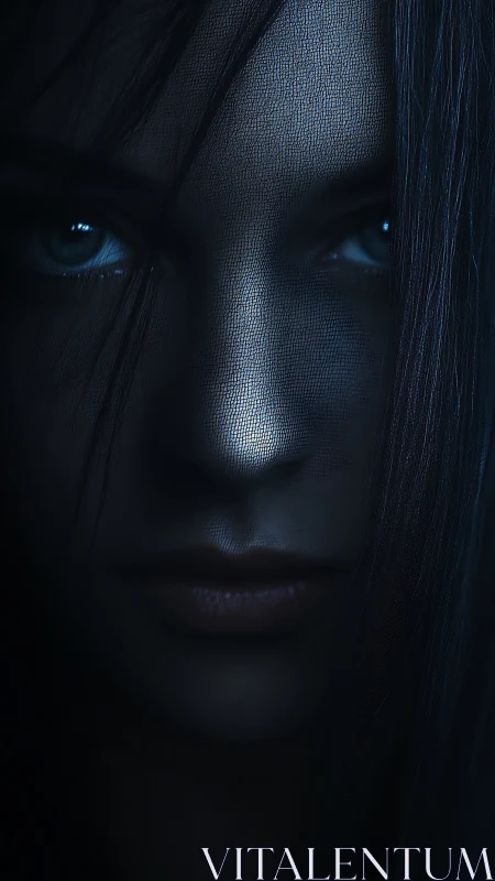 Dark veiled portrait reveals intense eyes in cold blue light