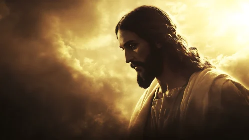 Solemn robed man against glowing golden sky clouds.