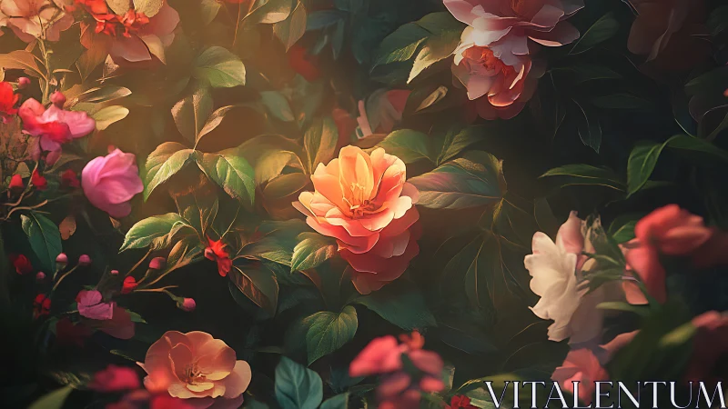 Garden composition with layered floral arrangement and atmospheric lighting.