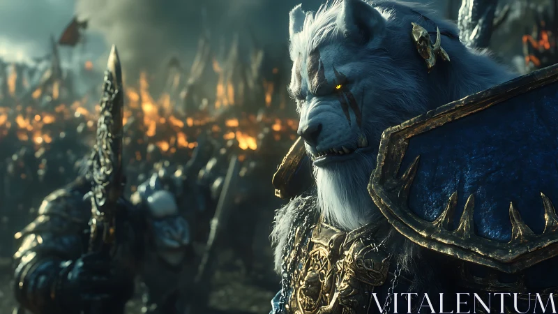 Armored lion warrior surveys burning battlefield in 3D cinematic