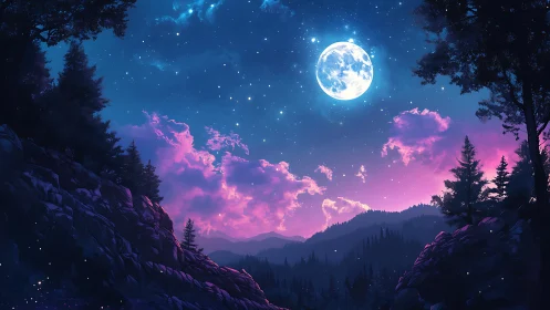 Lunar-lit conifer valley under magenta twilight cloud deck