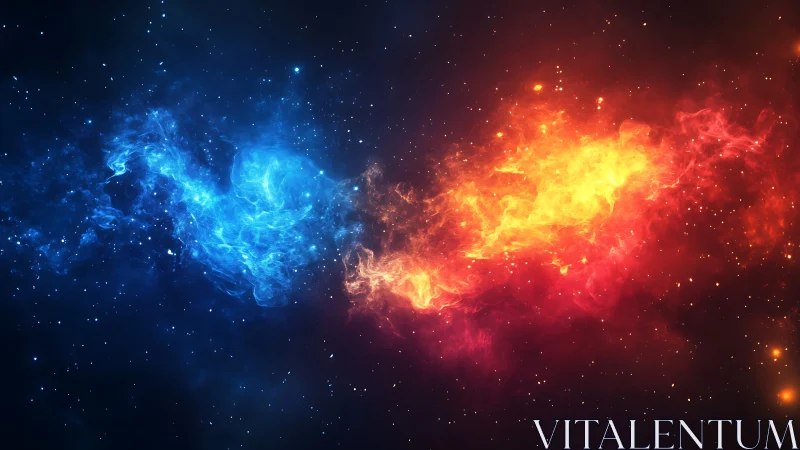 Cosmic clash of blue and orange nebula energy streams.