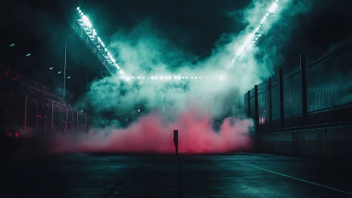 Neon smoke engulfing industrial racetrack under stadium lights.