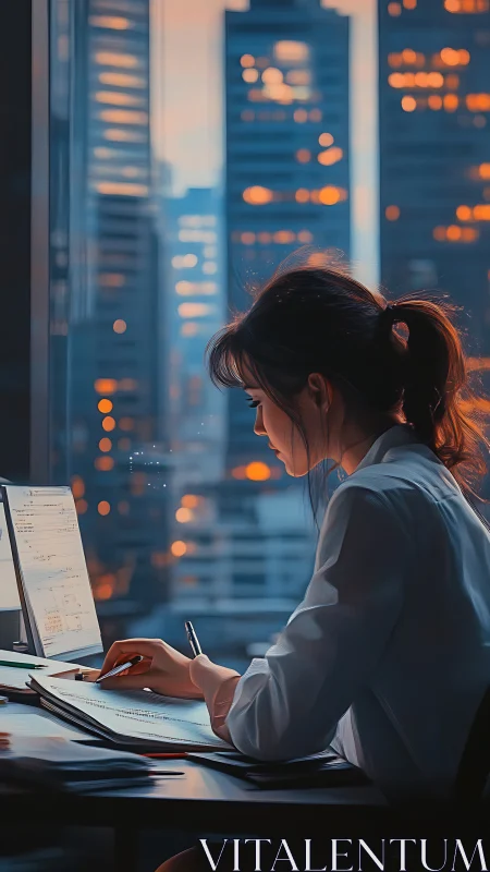 Focused analyst studies late, framed by glowing city lights.