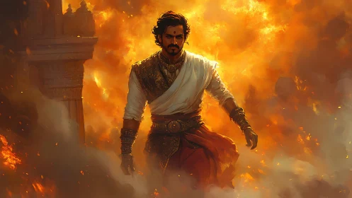 Heroic warrior advances through inferno with cinematic lighting