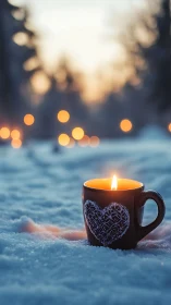 Candlelit mug in snow with soft winter bokeh lights.