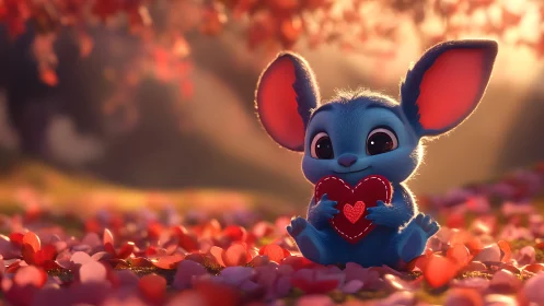 Charming Blue Bunny Holds a Red Heart in a Magical Garden