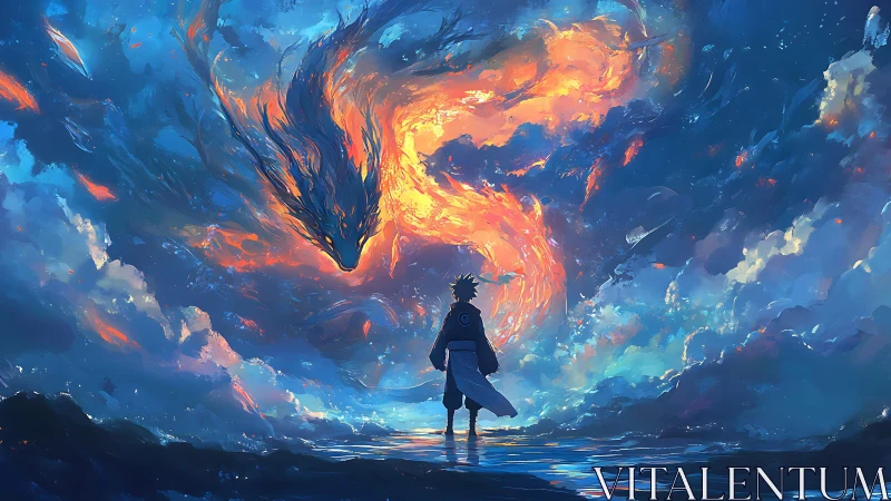 Celestial chakra dragon over reflective ocean horizon at dusk