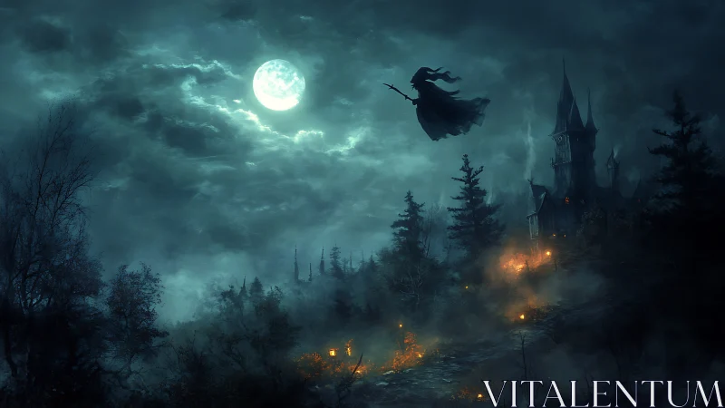 Witch soars past full moon above burning hillside and tower