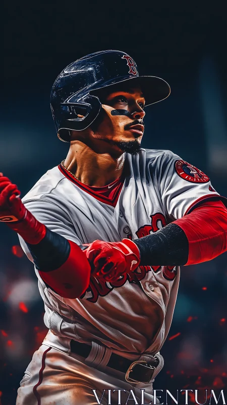 Crimson swing carves electric arcs through stadium shadows