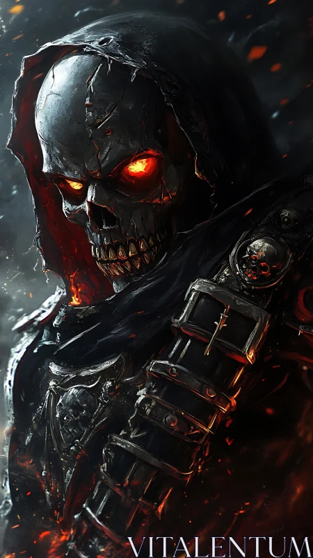 Fiery hooded skull warrior glowing in stormy embers.