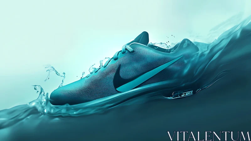 Turquoise athletic sneaker slicing through dynamic liquid field.