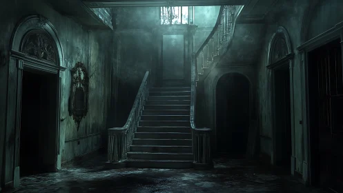 Decaying grand staircase in fog-filled haunted interior.