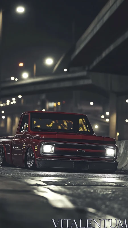 Low-slung red pickup under urban overpass, night photorealism.