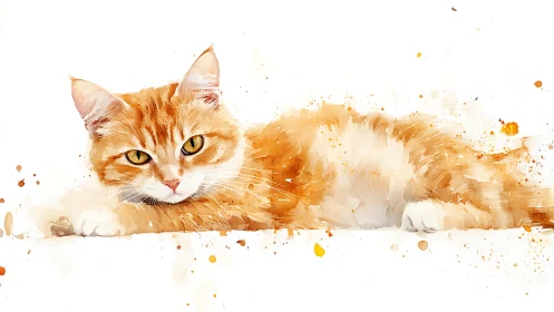 Orange Tabby Cat in Watercolor Splatter Technique with Ochre Pigmentation